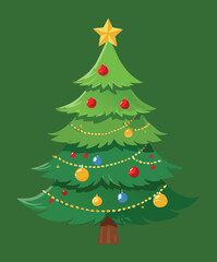Joyful green christmas tree adorned with colorful ornaments and a shimmering star, radiating festive cheer and holiday spirit plant