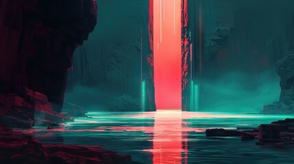 A vibrant, futuristic landscape with glowing portals and a reflective water surface.