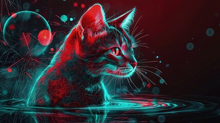 Vibrant feline portrait with neon glow and abstract background.