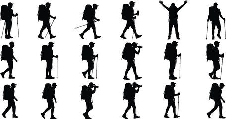 Backpackers and hikers silhouettes collection with large bags, walking and trekking with poles, outdoor adventure and travel vector set.