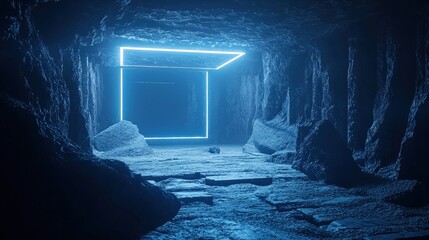 Blue neon light illuminates a subterranean cavern.