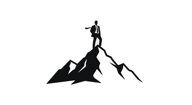 Silhouette of a determined businessman standing triumphantly atop a rugged mountain peak