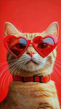 Cat wearing heart-shaped glasses, looking quizzically at the camera with a cute expression.