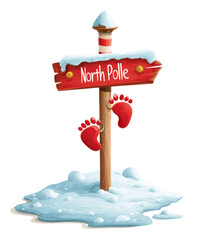 Naklejka premium North pole signpost png cheerful wooden signpost with snow and red footprints