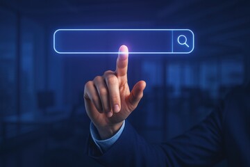 Person using virtual search bar interface in dark office environment