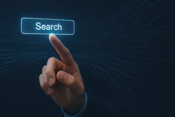 Hand pressing virtual search button on digital interface for online browsing