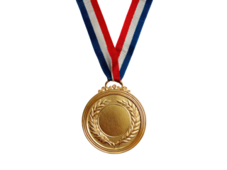 Golden award medal with red white blue ribbon image, Isolated, Png Transparent Background