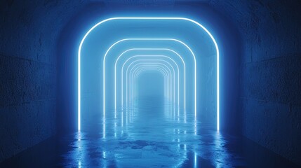 Neon blue arched tunnel reflecting on wet floor.