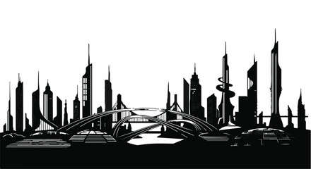 Naklejka premium Sleek futuristic cityscape with innovative architecture and elevated pathways under a bright sky