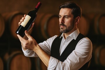 Man inspecting red wine bottle in cellar for quality assessment