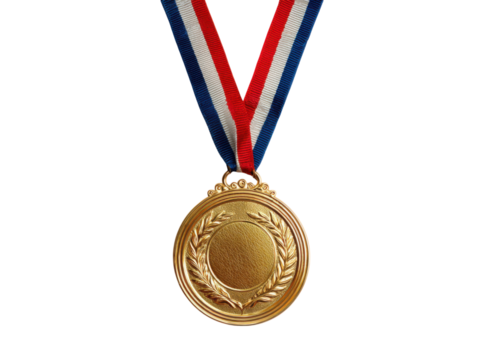 Golden award medal with red white blue ribbon image, Isolated, Png Transparent Background - Powered by Adobe