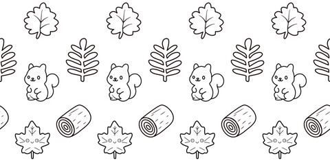 Vector illustration of various leaves, squirrel, log, coloring page for kids, Christmas festival.