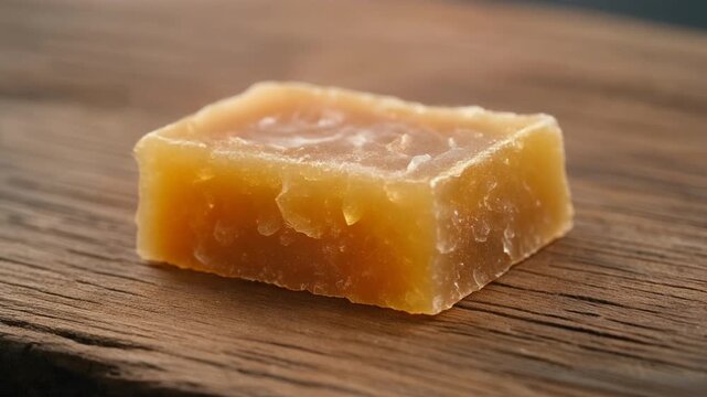 Artisanal Block Close-Up_Hand (wearing clean cotton glove) places solid jaggery block