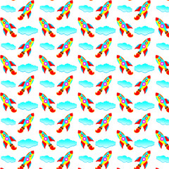 Fototapeta premium Seamless pattern with rockets and clouds. Rocket cloud seamless pattern. Cute cartoon of rockets launching into space. Cartoon kids cartoon seamless pattern background. Flying rocket illustration.