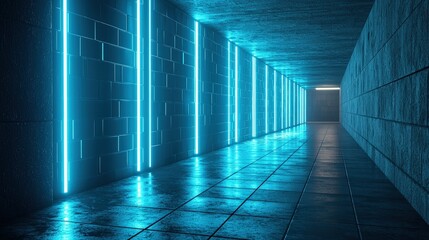 Neon blue light corridor with wet stone floor.