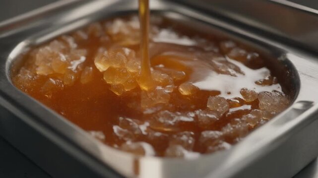 liquid jaggery cooling in stainless tray crystalline structure 