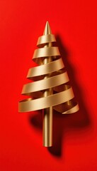 Golden Ribbon Tree Shaped Decoration on Bright Red Background