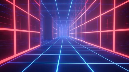 Neon-lit corridor with gridded walls.