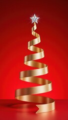 Elegant Gold Ribbon Curling Christmas Tree on Red Background
