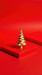 Minimalist Festive Scene with Golden Tree on Red Background