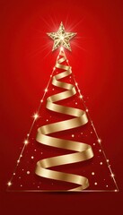 Elegant Gold Ribbon Christmas Tree Illustration on Red Background