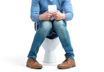 Man seated on a toilet with lowered jeans, holding toilet paper in his hands. Humorous bathroom scene focused on hygiene and daily routine. PNG image with transparent background