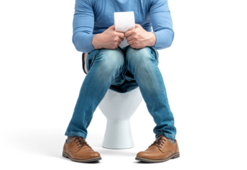 Man seated on a toilet with lowered jeans, holding toilet paper in his hands. Humorous bathroom scene focused on hygiene and daily routine. PNG image with transparent background