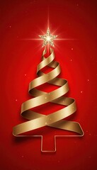 Elegant Gold Ribbon Christmas Tree on Vibrant Red Background