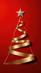 Modern Abstract Christmas Tree Design with Gold Ribbon on Red Background