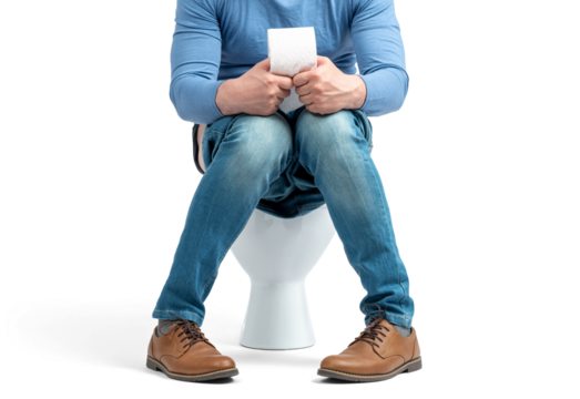Man seated on a toilet with lowered jeans, holding toilet paper in his hands. Humorous bathroom scene focused on hygiene and daily routine. PNG image with transparent background