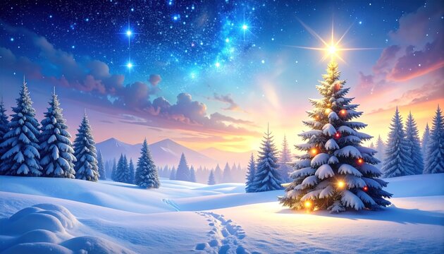 Snowy winter scene with illuminated Christmas tree at dusk