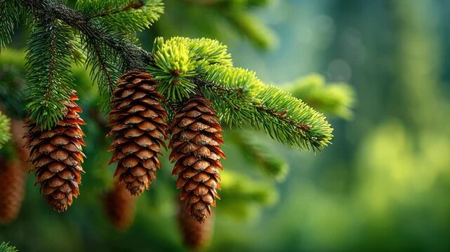 Close-up of pine tree branch with multiple brown cones hanging, with soft green bokeh background