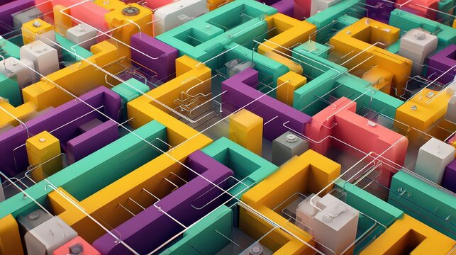 Abstract Geometric Cityscape with Bright Colors and Digital Lines