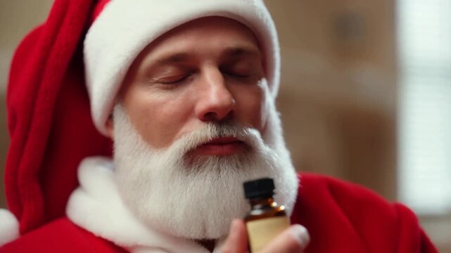 Santa Claus enjoying an aromatherapy session with essential oils. A sensory Christmas wellness video for aromatherapy and scent marketing.