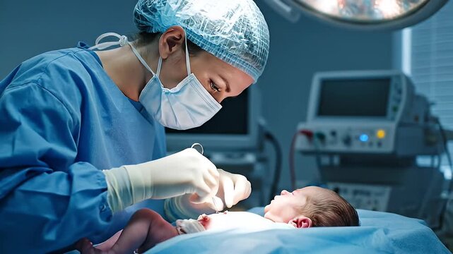 Infants umbilical cord being clamped by doctor