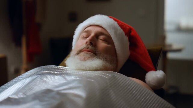 Santa Claus wrapped up after a detoxifying algae body wrap. A soothing Christmas spa video for detox and wellness retreats.