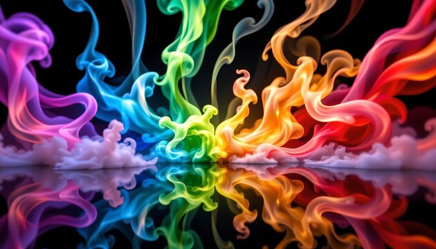 Colorful Smoke Reflection Dark Surface Digital Art