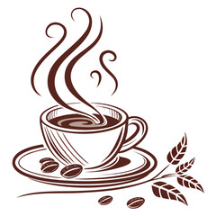 Coffee cup with steam and coffee beans isolated on