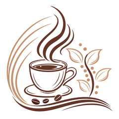 Coffee cup with steam and coffee beans isolated on