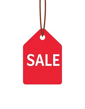 A flat, red rectangular price tag hangs from a brown string. The word "SALE" appears in white bold letters in the center