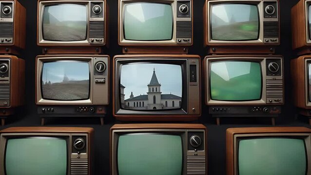 Retro televisions display diverse scenes