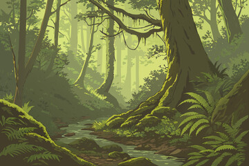 Fototapeta premium Dense rainforest with multi-layer foliage depth, soft sunlight from above, strong realism