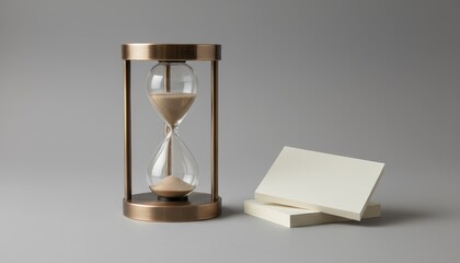 Bronze hourglass beside blank note cards on gray background
