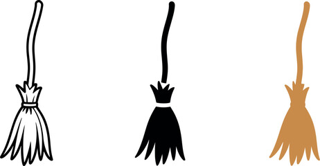 Three Witch Broom Icons for Halloween Celebration and Decoration with Dark Magic Symbol