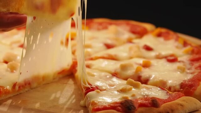 Close-up shot of a delicious pizza with stretchy melted cheese. A slice is being lifted from the whole pizza, showcasing the strings of cheese Stock Video