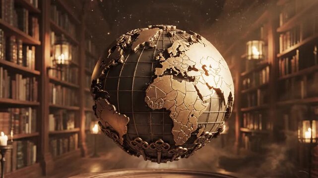 Mysterious Golden World Globe Forms from Skeleton Keys in Old Library