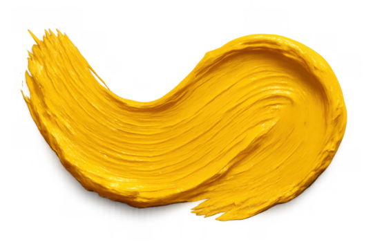 Yellow paint brush stroke with thick texture and vibrant acrylic color. Design element on transparent background