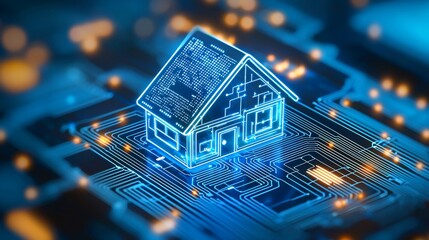 Digital House Blueprint Glowing Lines on Circuit Board Smart Home Technology Concept.