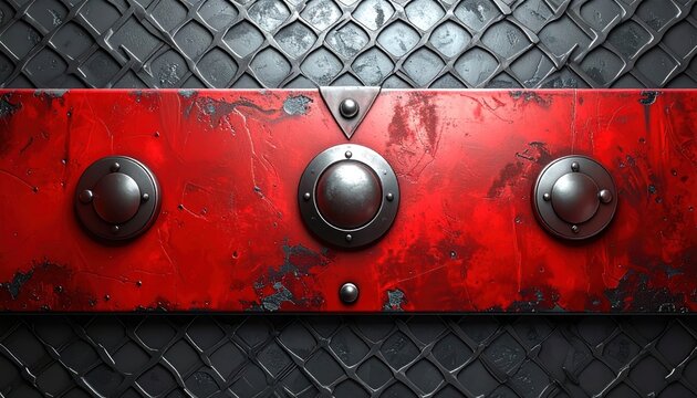 Textured, metallic red panel with rivets and background mesh pattern