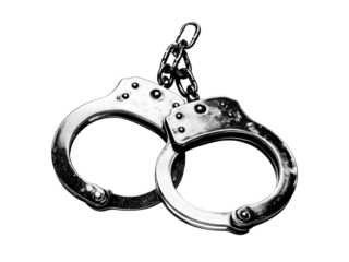Metallic handcuffs linked by chain against black background silver, Isolated, Png Transparent Background